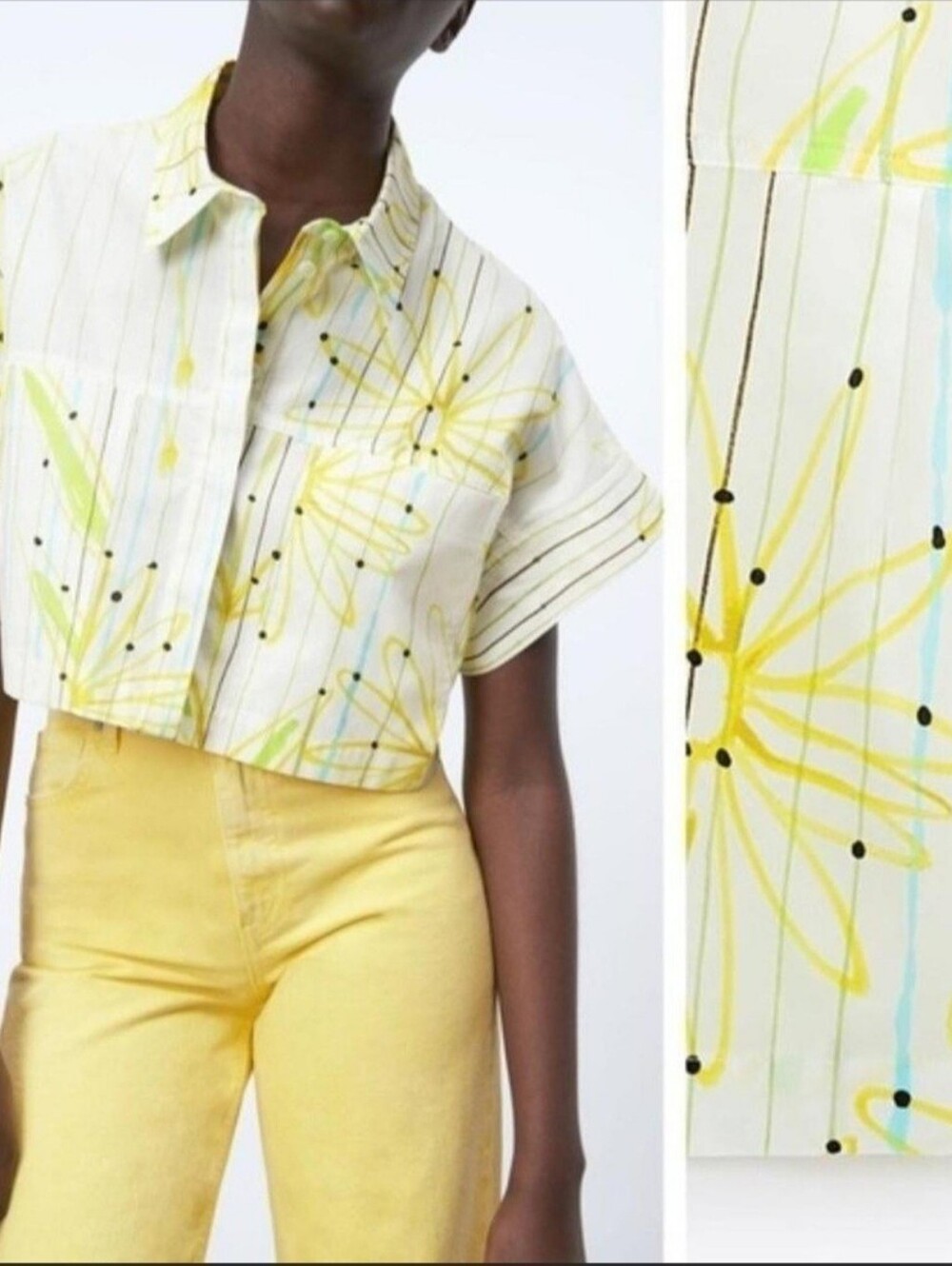 Zara Yellow, Lime & Light Blue Floral Stripe Button-Up Cropped  Top